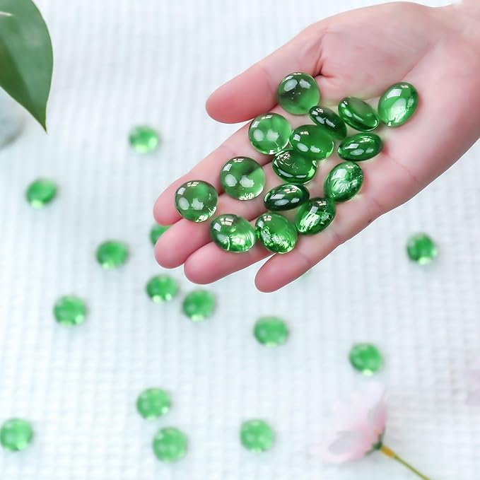 CYS EXCEL Green Glass Gemstone Beads Vase Fillers (1 LB) Flat Marble Beads Multiple Color Choices Aquarium Decor Rocks Floral Stones Decorative Mosaic Glass Gem Pebbles (Approx. 85-100 PCS)