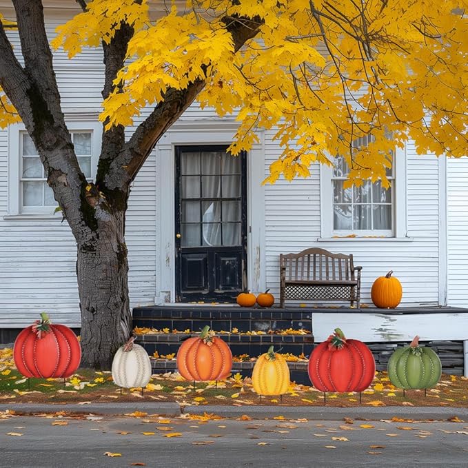 PHITRIC Fall Decorations Outdoor, 34" 2PCS Decorative Garden Stakes with 6 Pumpkins for Fall Decor, Metal Yard Signs for Home Outside Garden Yard Lawn Patio, Thanksgiving Decorations