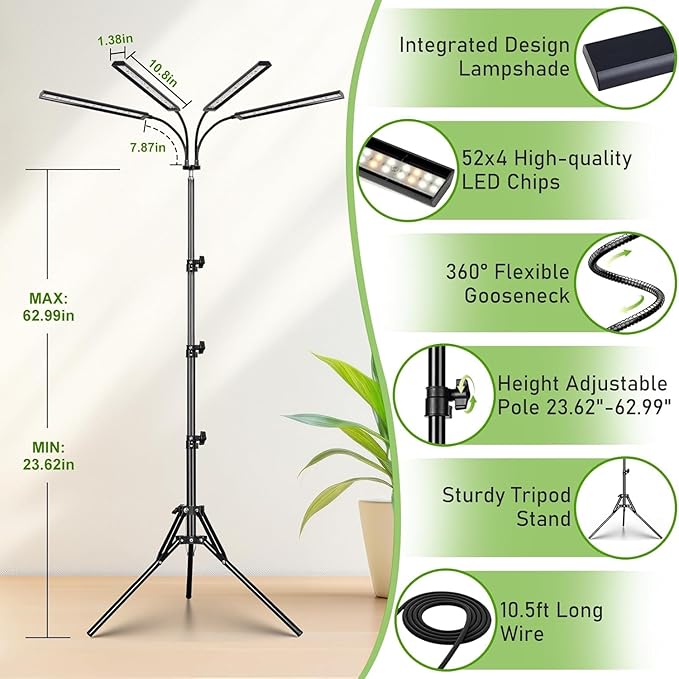 FOXGARDEN Grow Lights for Indoor Plants Full Spectrum with Tripod Stand, Tall Grow Lights for Indoor Growing with Flexible Gooseneck, Four-Head Plant Light with 4/8/12H Timer & 4 Brightness Levels