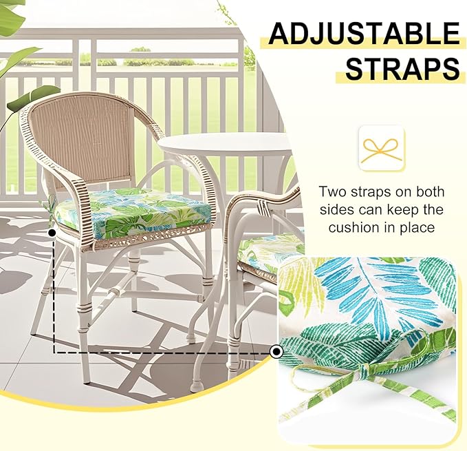 downluxe Outdoor Chair Cushions Set of 4 for Patio Furniture, Water-Resistant Patio Chair Cushions with Ties, High Density Foam Outdoor Seat Cushion, 17" X 16" X 2", Tropical Green Leaves
