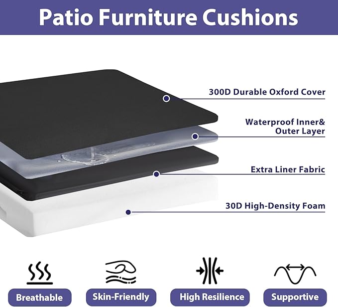 Outdoor Chair Cushions Set of 4,Waterproof Outdoor Seat Cushions for Patio Furniture,Patio Chair Cushion with Handle and Ties, Square Out Door Chair Pads,19" x 19" x 3", Black