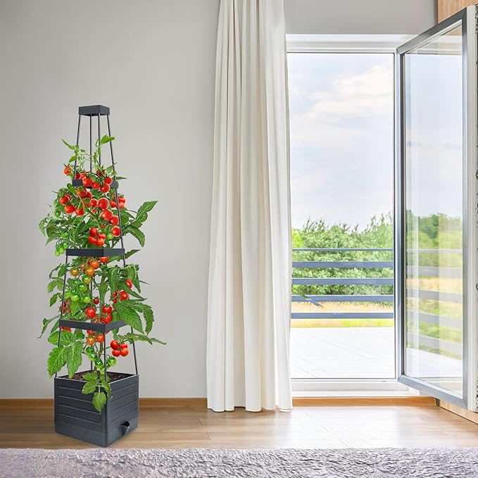 Self-Watering Garden Bed, Raised Garden Bed Planter Box Outdoor, 58” Tomato Cage Planter for Vegetables, Flowers, Herbs, and Fruit, Outdoor Indoor,5 Gallon Capacity