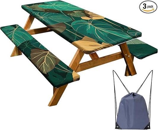 Picnic Table Cover with Bench Covers Set of 3 - Tropical Monstera Green Botanical Leaves Pattern, Elastic Fitted Tablecloth for 6 Ft Tables, Washable Polyester Cover for Patio, Indoor & Outdoor