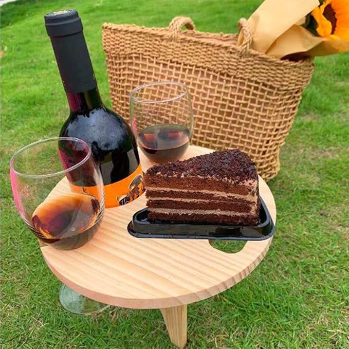 Topyond Outdoor Portable Foldable Wine Table, Bamboo Round Wine Rack, Ground Insertion Design Small Picnic Table, Ideal for Garden, Lawn, Picnic