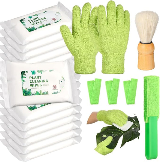 20 Pcs Plants Cleaning Set Include 1 Pair Dusting Gloves 14 Based Wipes 1 Leaf Cleaning Tong with 3 Removable Microfiber Sleeves 1 Duster Brush for Indoor Outdoor Garden Plant Shiny Leaves