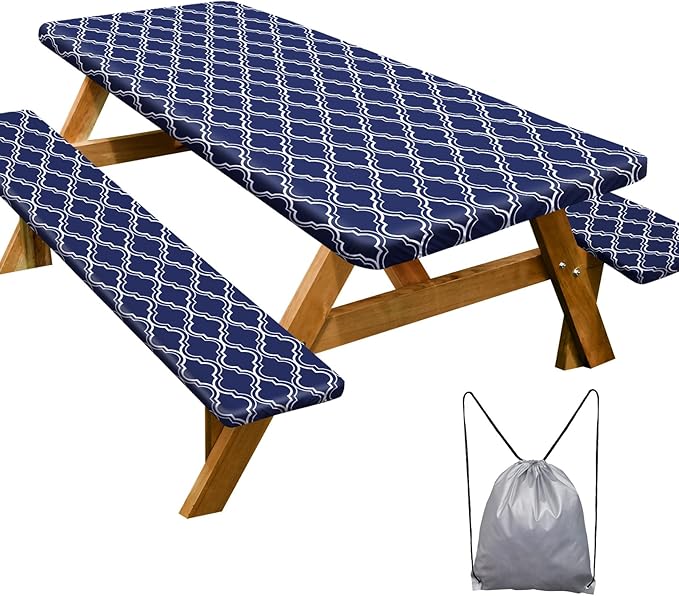 Picnic Table Cover with Bench Covers 6FT 3 Pcs Waterproof Windproof Aesthetic Camping Tablecloth with Drawstring Bag, Fitted for 6 Foot Rectangle Tables and Seats, 72 inch, Navy Blue Morocco