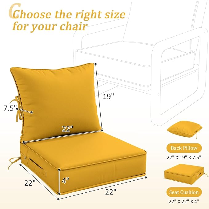 Outdoor Patio Chair Cushions Set 22 L X 22 W X 4 H Waterproof & Fade Resistant Deep Seat and Back Cushions with Removable Covers Outdoor Seat Cushion Set for Chairs and Sofas