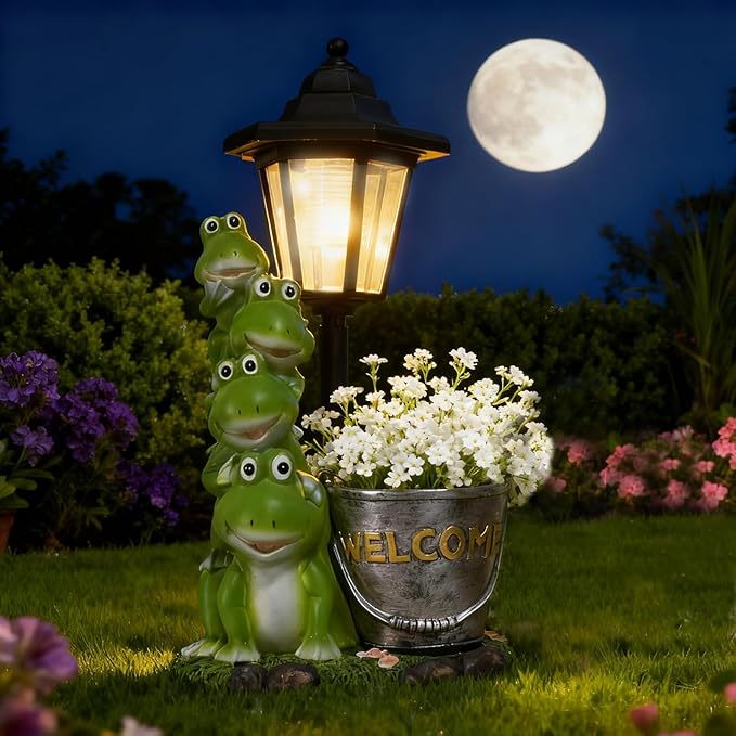 Frog Solar Garden Outdoor Statue with Lantern and Flowerpot Patio, Balcony, Shelf, Tabletop, Lawn Decoration - Unique Housewarming, Birthday, Thanksgiving, Mom Gifts