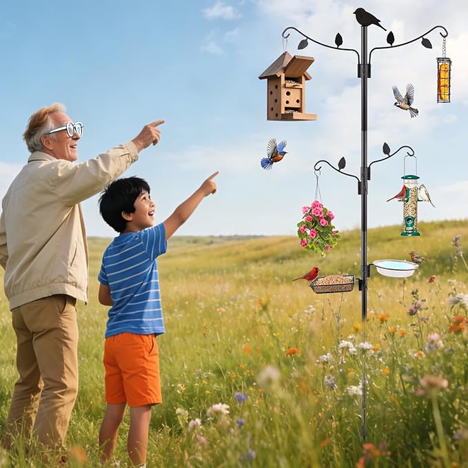 Camii 4Hook Shepherd Hooks for Outdoor, 75" Heavy Duty Bird Feeder Pole with 5 Prongs Base, Adjustable Garden Hook for Hanging Plant, Hummingbird Feeder, Lantern, Solar Light, Garden Hook for Outside