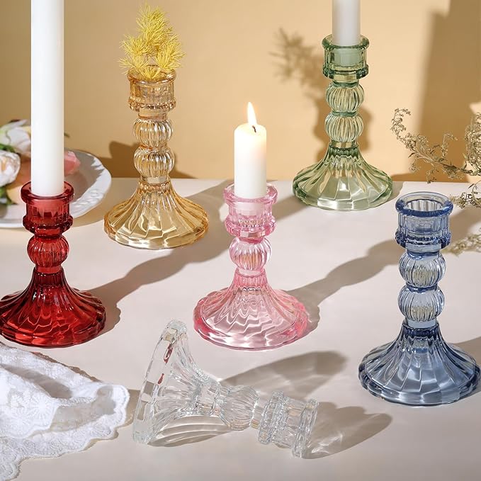 DARJEN 6Pcs Blue Candlestick Holders Set - 4" H & 5" H Striped Taper Candle Holders Bulk, Glass Candle Holders for Wedding, Festival, Party, Table Centerpiece, Gifts