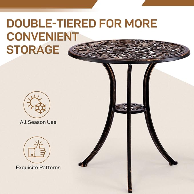 Outvita Patio Table and Chairs Set, Cast Aluminum Outdoor Cafe Table and Chairs Set of 3, Stability Patio Bistro Sets for Garden, Patio, Balcony, Leaf Pattern Bronze