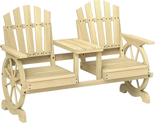 Outsunny Wooden Garden Bench with Table, Umbrella Hole, 2-Seat Wagon Wheel Outdoor Bench with Slatted Seat, High Backrest, Armrests for Backyard, Patio, Garden, Natural Wood