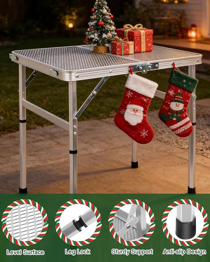 Small 2ft Folding Table with Carry Handle, Adjustable Height 10.6" or 22", Silver Metal Mesh, Portable & Compact Indoor/Apartment/Card/Side/Grill Table, 23.6"Lx15.8"W, Lightweight 4 lb, 66 lb Capacity