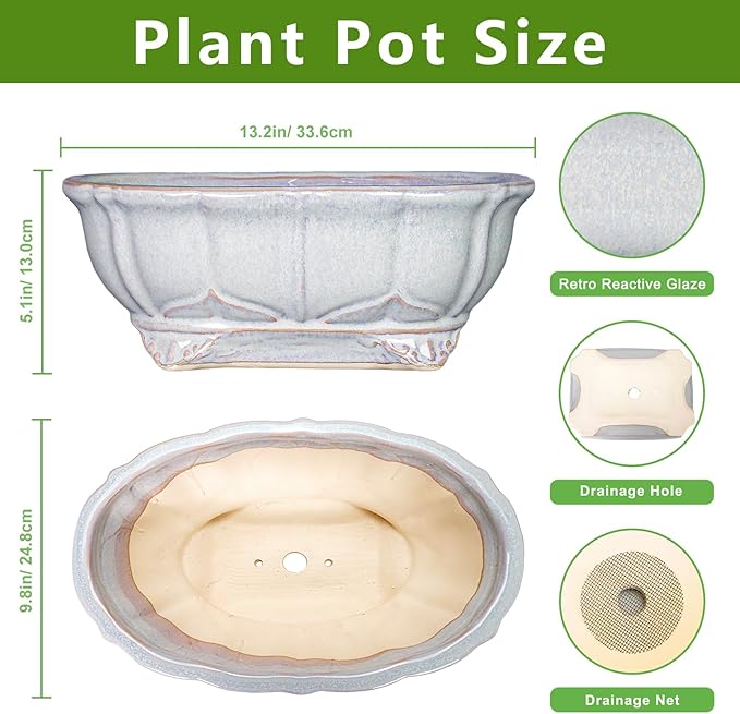 13.2 Inch Succulent Pots - Ceramic Bonsai Tree Pots with Drainage Hole, Shallow Succulent Planters for Indoor Plants Outdoor, Decorative Flower Pot, Home Decor, Plant Lover Gifts, Oval Grey