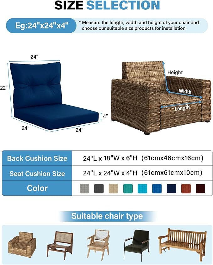YEFU 24x24 Outdoor Cushions for Patio Furniture: Waterproof Fade Resistant Outdoor Seat Cushions Set of 2 - Olefin Deep Seat Paio Cushion Pads Replacement with Ties for Chair Sofa Couch(Navy)