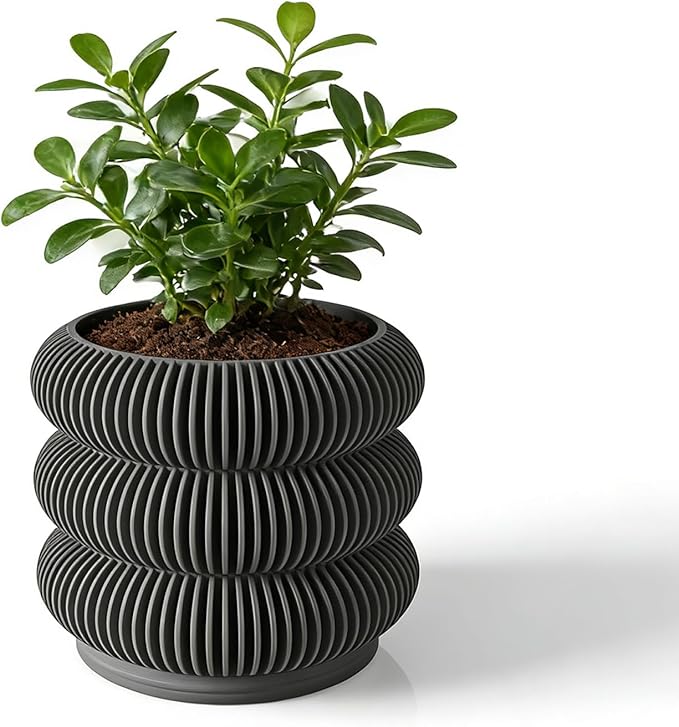 Fabix 4.7" 3D Printed Plant Pots - Unique Bubble Ring Modern Planters for Indoor Plants, Durableo-Friendly PLA Flower Pots with Drainage for Succulents, Cactus, Home Office Décor.(Black)