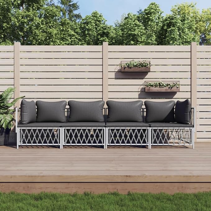 SKM 4 Piece Garden Lounge Set with Cushions White Steel (Weight-68KG)-6820