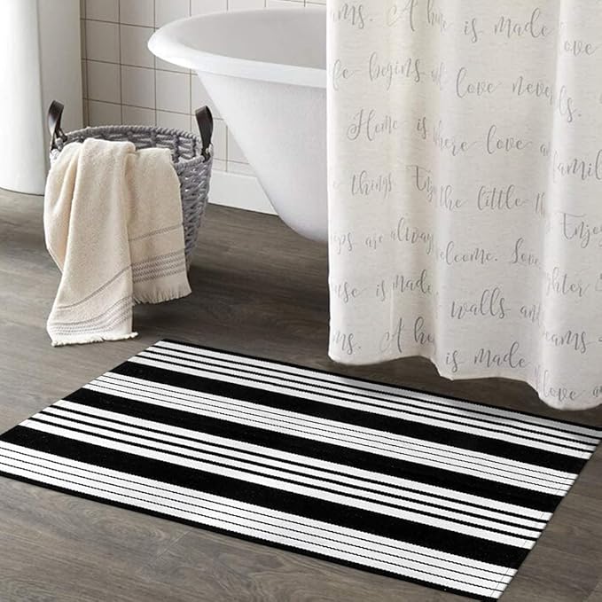 OJIA Front Door Mat 24"x35" Black and White Outdoor Rugs Front Door Rug Washable Entryway Rug Cotton Hand Woven Indoor Outdoor Doormat Small Area Rugs Layered Doormat for Porch/Home Entrance Decor