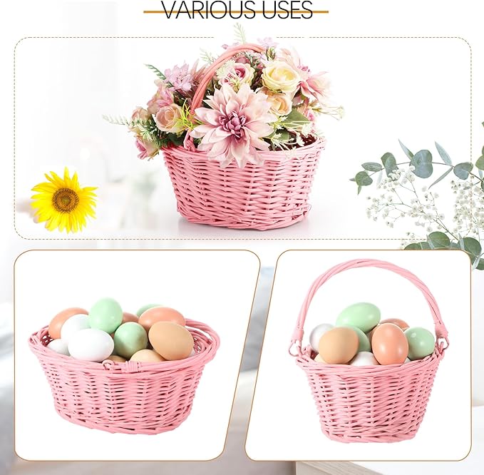 Barydat 6 Pcs Small Wicker Picnic Basket with Handle Flower Girl Baskets Oval Willow Woven Braided Gift Basket for Easter Weddings Baby Shower Home Garden Decor (Pink,9" x 7" x 4")