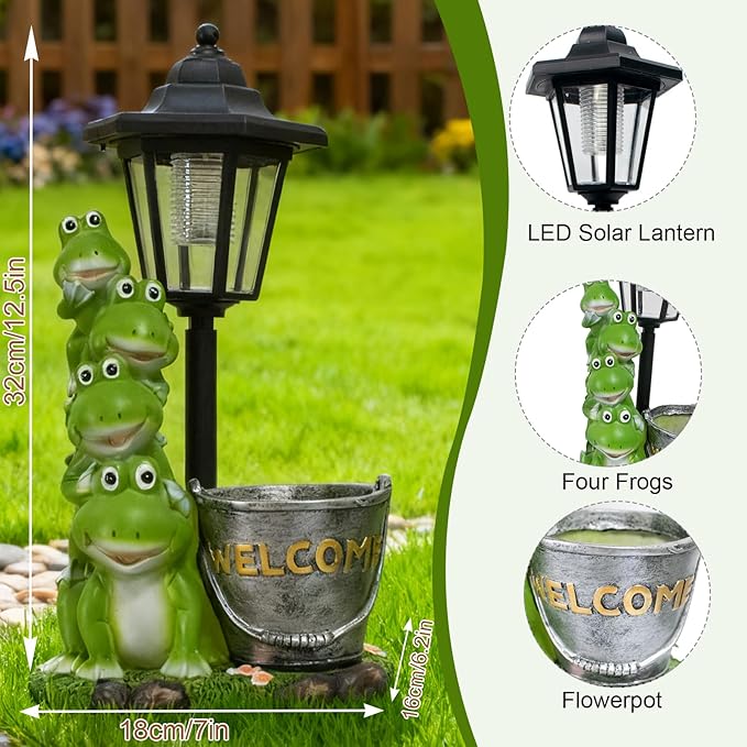 Frog Solar Garden Outdoor Statue with Lantern and Flowerpot Patio, Balcony, Shelf, Tabletop, Lawn Decoration - Unique Housewarming, Birthday, Thanksgiving, Mom Gifts