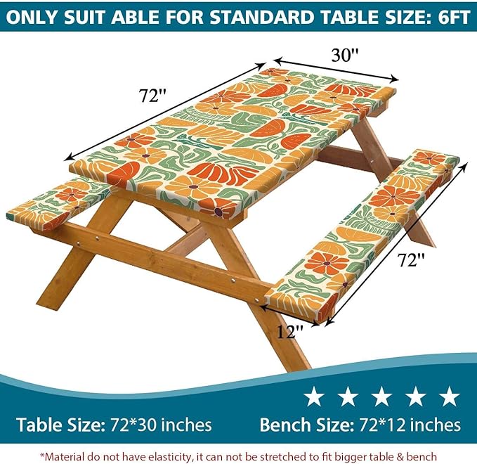 Picnic Table Covers with Bench Covers Boho Patchwork Orange Green Flower Pattern Camping Tablecloth Fitted Picnic Table Cover with Elastic Windproof Waterproof, Camping Accessories Outdoor, 96In 3PCS