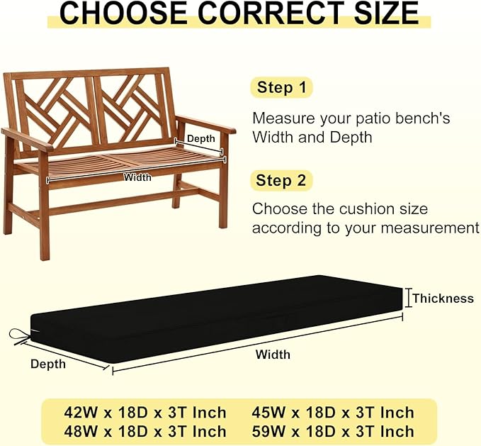 downluxe Outdoor Bench Cushion Waterproof, 48 x 18 Inch Patio Furniture Cushions with Adjustable Ties & Portable Handle, Porch Swing Cushions, Bench Cushions for Outdoor Furniture, Black
