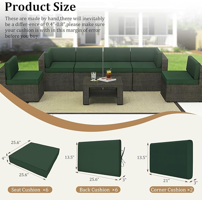 14 Pcs Outdoor Replacement Cushions for Patio Furniture, All Weather Water Resistant Cushion for 6 Seat Rattan Wicker Sectional Patio Conversation Sets and Couch (Dark Green)