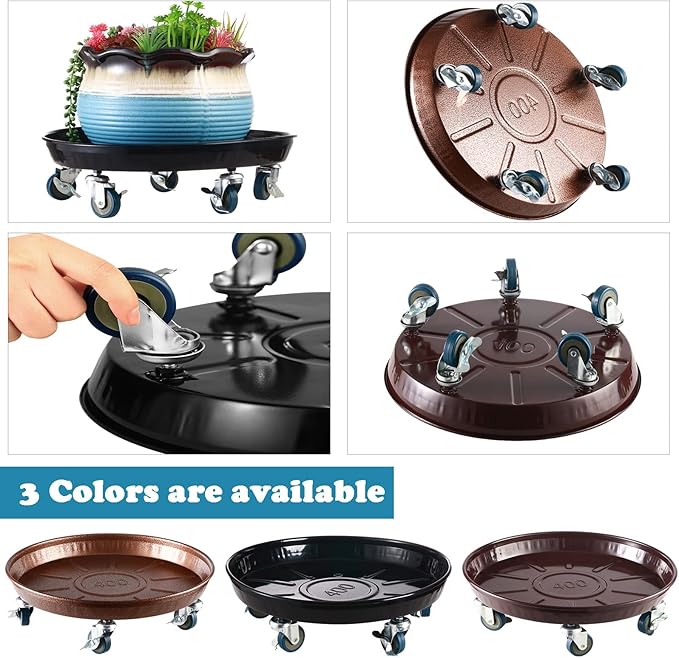 Planterhoma 3 Packs 16" Metal Plant Caddy with Wheels Extra-Large Rolling Plant Stand Heavy-Duty Plant Dolly with Casters Indoor Outdoor Wheeled Flower Pot Mover Rollers Garden Cart Trolley, Black