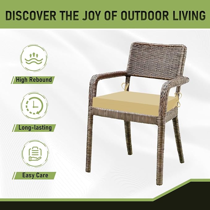 Basic Beyond Outdoor Chair Cushions Set of 6, Square Corner Outdoor Cushions for Patio Furniture, Water Resistant Patio Chair Cushions with 2 Ties, 18.5x16x3, Khaki