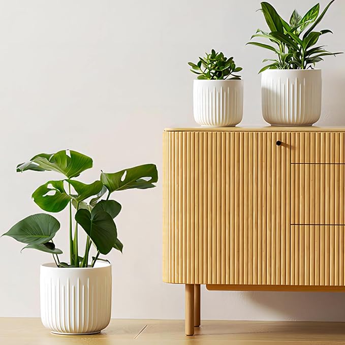 LE TAUCI Fluted Ceramic Planters, 8.3/7/6 Inch Indoor Pots for Plants with Drainage Holes & Mesh, Modern Matte Glaze Cylinder Plant Pot for Snake Plant, Set of 3, White