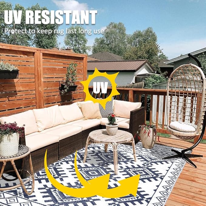 Pendolr 5’x8’ Outdoor Rug Waterproof Carpet Patio Mat Outdoor Plastic Straw Rug Camping Rug Reversible Outside Outdoor Area Rug for Balcony Deck Backyard RV Picnic Beach Navy&White 03#