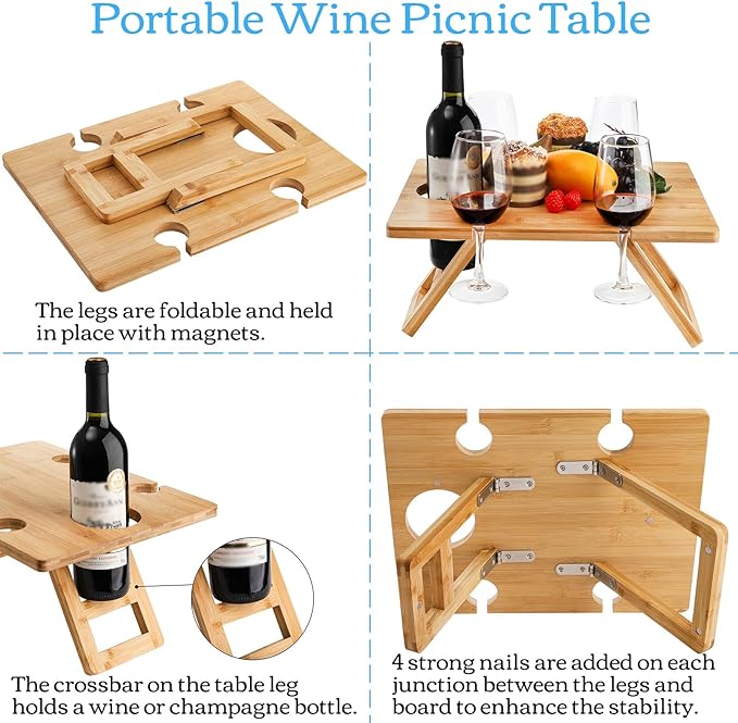 Youeon Portable Wine Picnic Table with 5 Wine Glasses Holder, Foldable Champagne Picnic Snack Table, Wine and Cheese Table for Picnic, Camping, Park, Beach, Wine Lover Gift