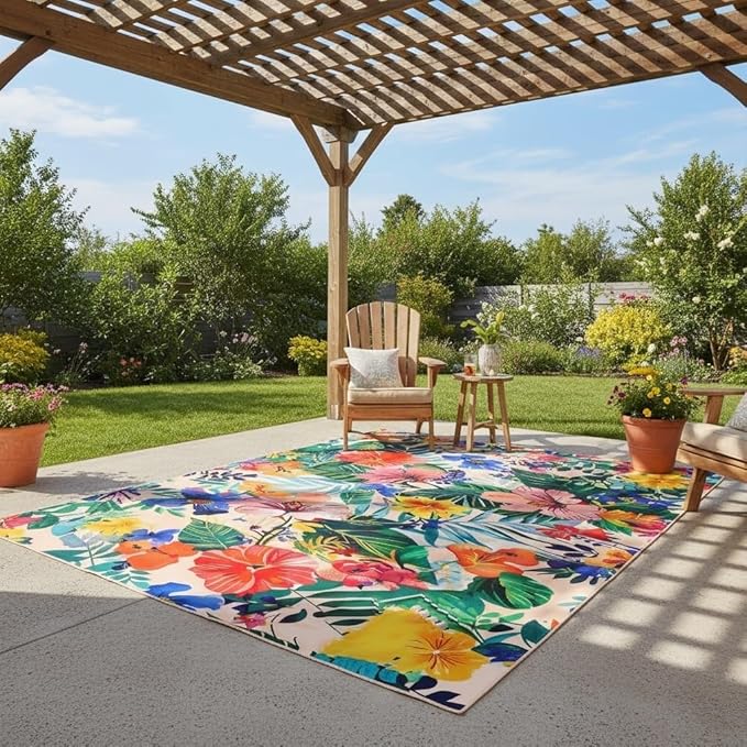 Tropical Boho Plants Flowers Print Outdoor Rug for Deck Patio Balcony Garden Waterproof Pink Blue Green Multi Botanical Floral Outside Carpet Large Thin Washable Foldable Camping Backyard Rugs 5x8