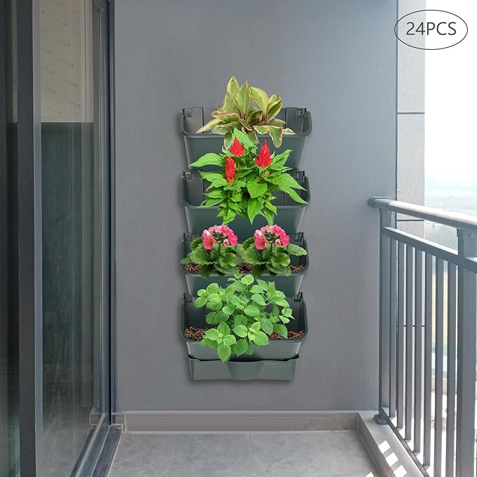 24 Pack Hanging Vertical Wall Planter,12.99inch Wall Mounted Planter for Patio Outdoor Decor,Home Army Green Plastic Pot Balcony Plant Vegetable Fruit Herb Hanging Pocket Holder Flowerpot (Army Green)
