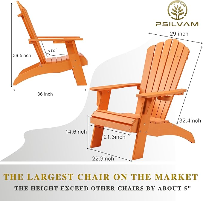 Psilvam Adirondack Chair, Oversized Poly Lumber Fire Pit Chair with Cup Holder, 350Lbs Support Patio Chairs for Garden, Weather Resistant Adirondack Chair Looks Like Real Wood (4, Orange)