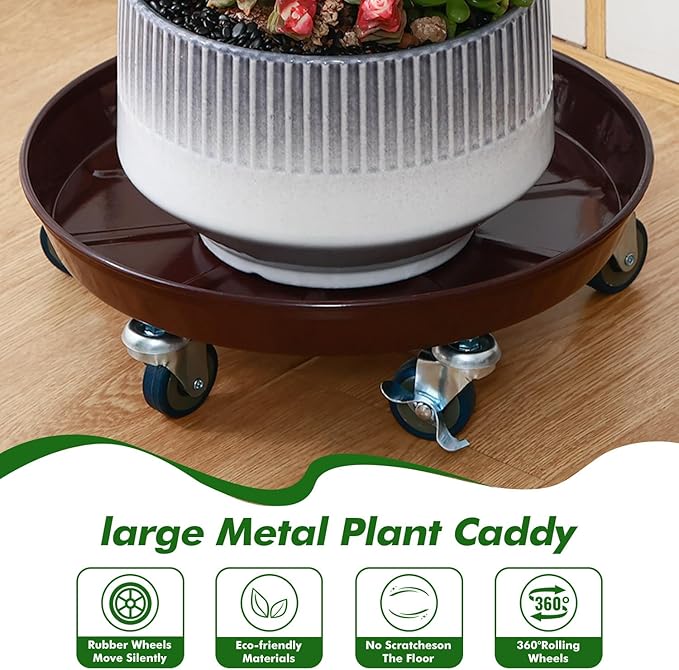 Planterhoma 3 Packs 18 Inch Metal Plant Caddy with Wheels Extra-large Rolling Plant Stand Heavy-duty Iron Plant Dolly Casters for Indoor Outdoor Flower Pot Mover Roller Coasters, Dark coffee
