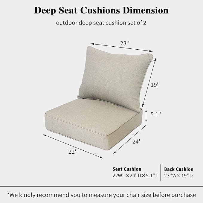 Outdoor 22"x24" Deep Seat Patio Cushion Set of 2, Outdoor Chair Cushions with Water-Resistant UV Resistant Weather Resistant Sectional Sofa Pad and Removable Covers,Riverbed