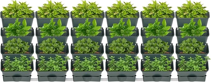 24Pack Vertical Wall Garden Planter, 13 inch Wall-mounted Garden Planters, Stackable Hanging Planter, Plastic Flower Pot with 4 Drainage Tray & 6.56FT Drainage Pipe for Indoor and Outdoor (Green)