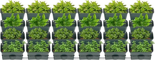 24Pack Vertical Wall Garden Planter, 13 inch Wall-mounted Garden Planters, Stackable Hanging Planter, Plastic Flower Pot with 4 Drainage Tray & 6.56FT Drainage Pipe for Indoor and Outdoor (Green)