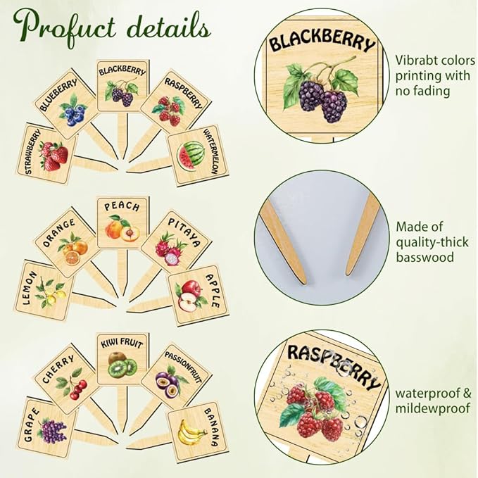 arricraft 15 Pcs Wooden Plant Labels, Fruit Themed Waterproof Garden Stake Labels T-Shaped Plant Marker with Fruit Names for Indoor Outdoor Potted Plants Nursery Marker Decoration