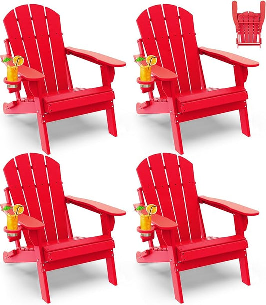 GREENVINES Folding-Adirondack-Chairs-Set-of-4 | HDPE Plastic | Fire Pit Chair | All Weather | Cup Holder | Red | for Deck Backyard Patio Outdoor Garden