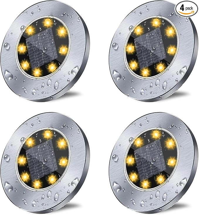 Solar Ground Lights, Waterproof Solar Garden Lights, Upgraded Outdoor Garden Waterproof Bright in-Ground Lights, Landscape Lights for Pathway,Yard,Deck,Lawn,Patio,Walkway (4 Pack Warm Light)