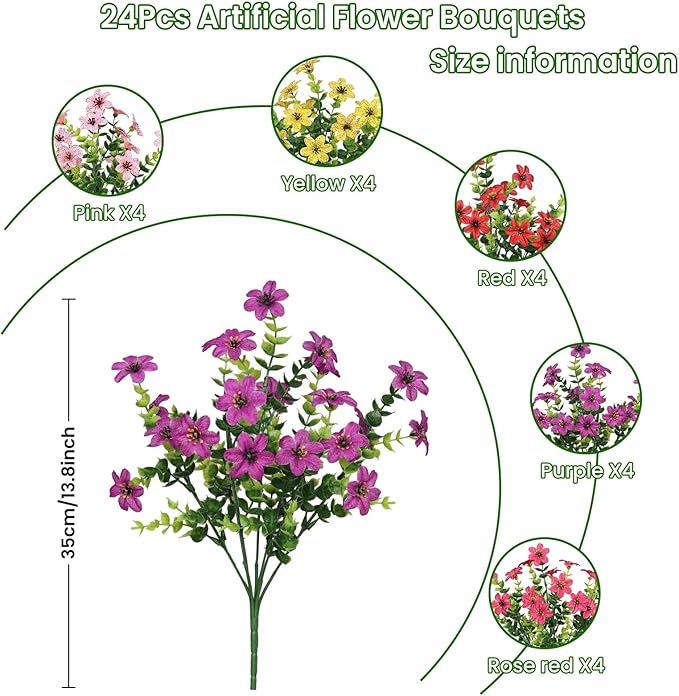 SHareconn 24 Bundles Artificial Flowers for Outdoors Spring Decoration, Fake Silk Realistic Faux Plants UV Resistant for Outside Planter Porch Patio Indoor Decor, RedRosePurpleYellowPink