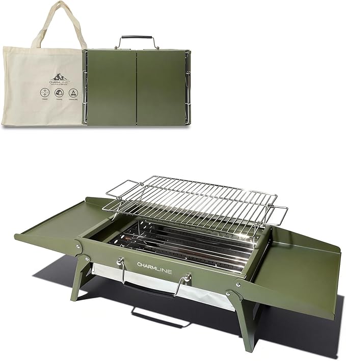Charmline 15x11 inches Portable Charcoal Grill, Compact Portable BBQ Grill, Tabletop Charcoal Grills for Camping, Picnics, Gardens and Beach Parties, Green