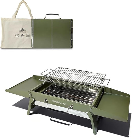 Charmline 15x11 inches Portable Charcoal Grill, Compact Portable BBQ Grill, Tabletop Charcoal Grills for Camping, Picnics, Gardens and Beach Parties, Green