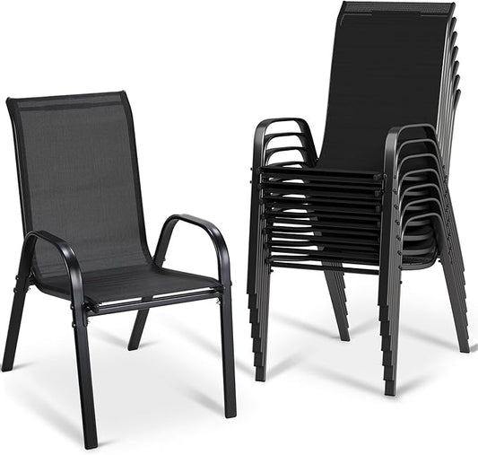 MAMIZO Patio Dining Chairs, Stackable All Weather Teslin Chair, Heavy Duty Outdoor Breathable Chairs Set, w/Armrests, Upgraded Chair FeetW/Strenthened Iron Spacers, 330 LBS (8, Black)