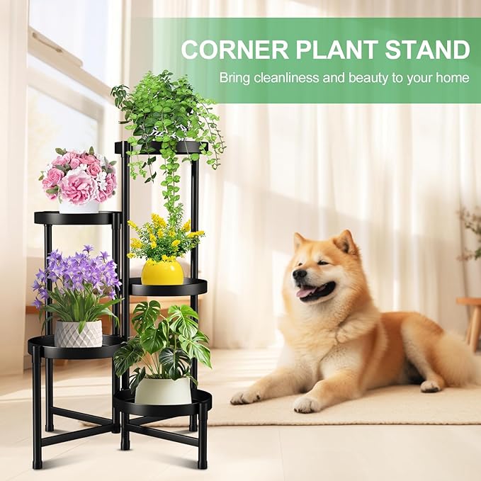 Plant Stand Indoor Outdoor 5 Tier Black Metal Plant Holder 31 in Tall,Tiered Flower Pot Display Stand,Multiple Plant Stand for Living Room Corner Garden Patio Lawn Balcony