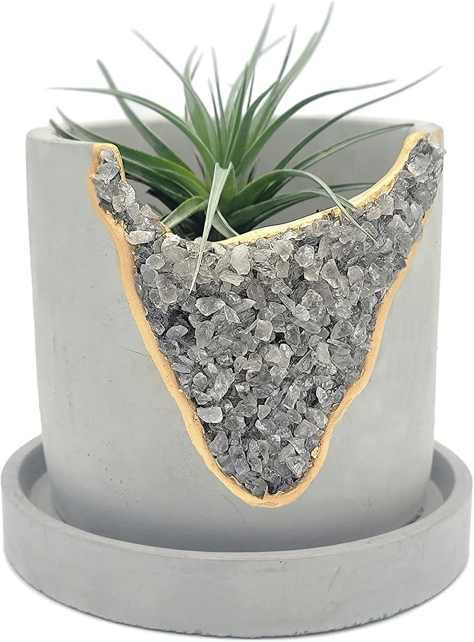 4 Inch Crystal Plant Pot with Saucer - Cement Geode Planter - Concrete Pots for Plants - Modern Succulent Pot Indoor - Unique Air Plant Holder - Candle Holder - Small Plant Home Decor (Smoky Quartz)