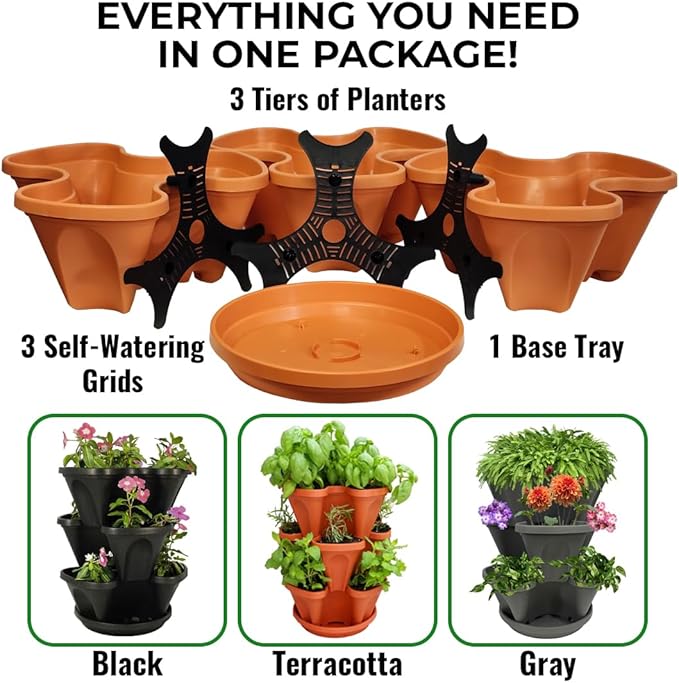 3 Tier Stacking Planter-Flower, Herb, Stackable Garden, Vegetable-Self-Watering-Indoor/Outdoor (Terracotta)