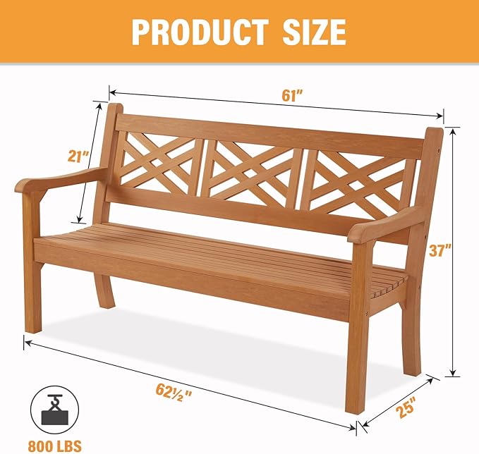Psilvam 63''W All-Weather Poly Lumber Outdoor Bench – Teak Color, 3-Person Garden Bench with Decorative Backrest & Curved Armrests, Anti-Rot & Fade-Free Patio Bench for Porch, Backyard(Teak Color)